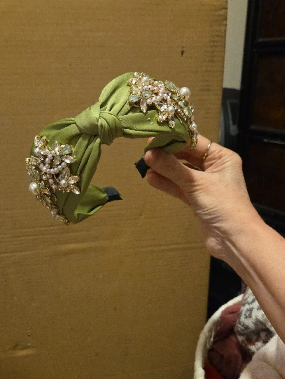Olive Green Knotted Headband with Pearl & Crystal Embellishments
